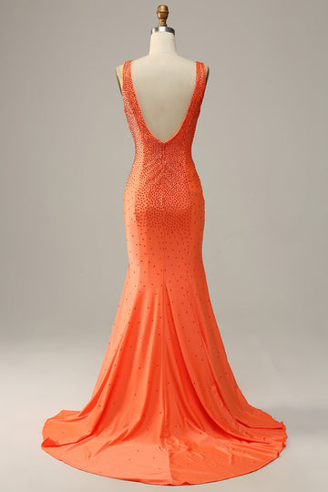 Sirena Cuello en V Naranja Vestido de Fiesta Con Abalorios